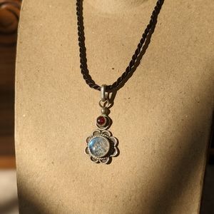 Garnet and rainbow moonstone sterling silver pendant